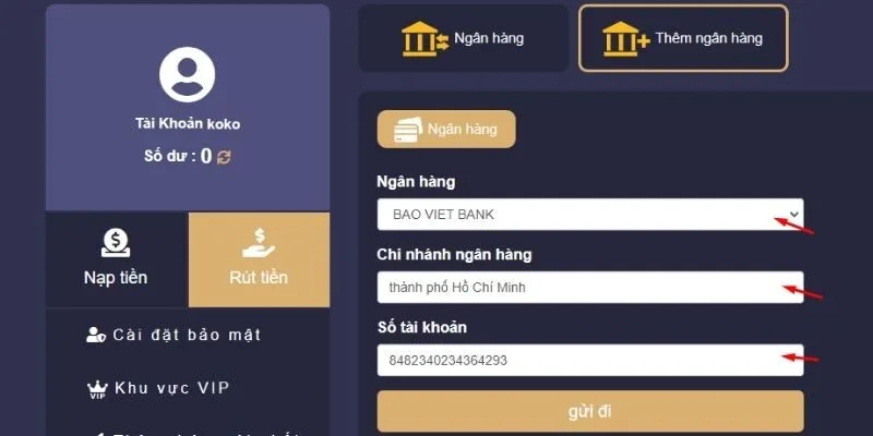 Giao diện lựa chọn hình thức rút tiền tại V9Bet